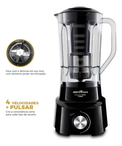 Liquidificador Diamante 2,65 L Com 4 Lâminas 1050W de Potência Cor Preto Britânia - Miniatura 5