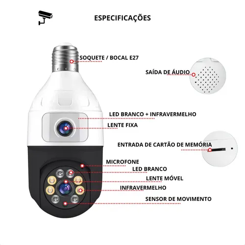 Câmera Segurança Wifi Dupla Lentes Lâmpada Visão Noturna 360 - Miniatura 4